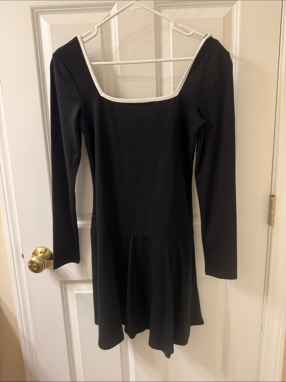 Express Black Long-Sleeve Square Neck Dress with White Trim